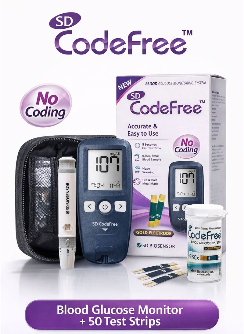 SD CodeFree Blood Glucose Monitor Kit mg/dL | Blood Sugar Monitor / Glucometer / Glucose Meter for Diabetes Testing at Home, Hospital, Clinic & Travel | No Coding Auto-Coding Blood Glucose Monitoring System | Includes 50 Blood Glucose Test Strips (Gold Electrode) + Finger Prick Lancing Device (Adjustable Depth) + 10 Sterile Lancets + Carrying Case | 5 Second Test Time | 0.9µL Small Sample | Hematocrit 20–60% | Range 10–600 mg/dL | Memory Up to 500 Results